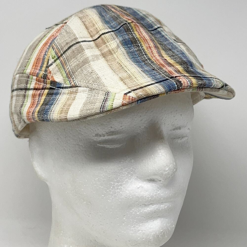 Scala Classico Plaid Flat Cap Hat Ivy Newsboy Cabbie Linen Blend Beige M Medium